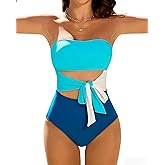 XUNYU Bandeau One Piece Swimsuit Women Strapless Monokini Tummy Control Bathing Suit Lace Up Shapewear Cute Modest Swim Suits
