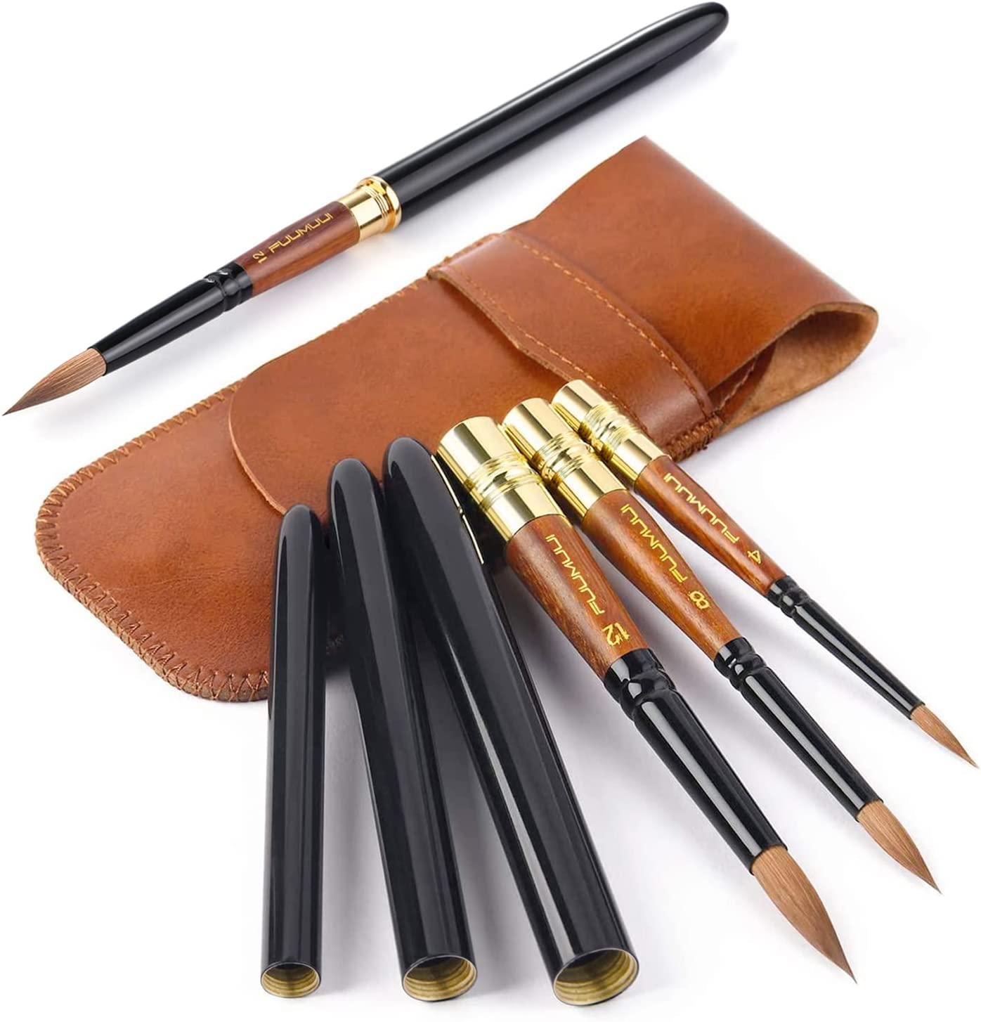 Kolinsky Travel Watercolour Brushes, Fuumuui 3pcs Elegant Kolinsky Sable Brushes with Pocket Size Leather Pouch Perfect for Gouache Ink Painting