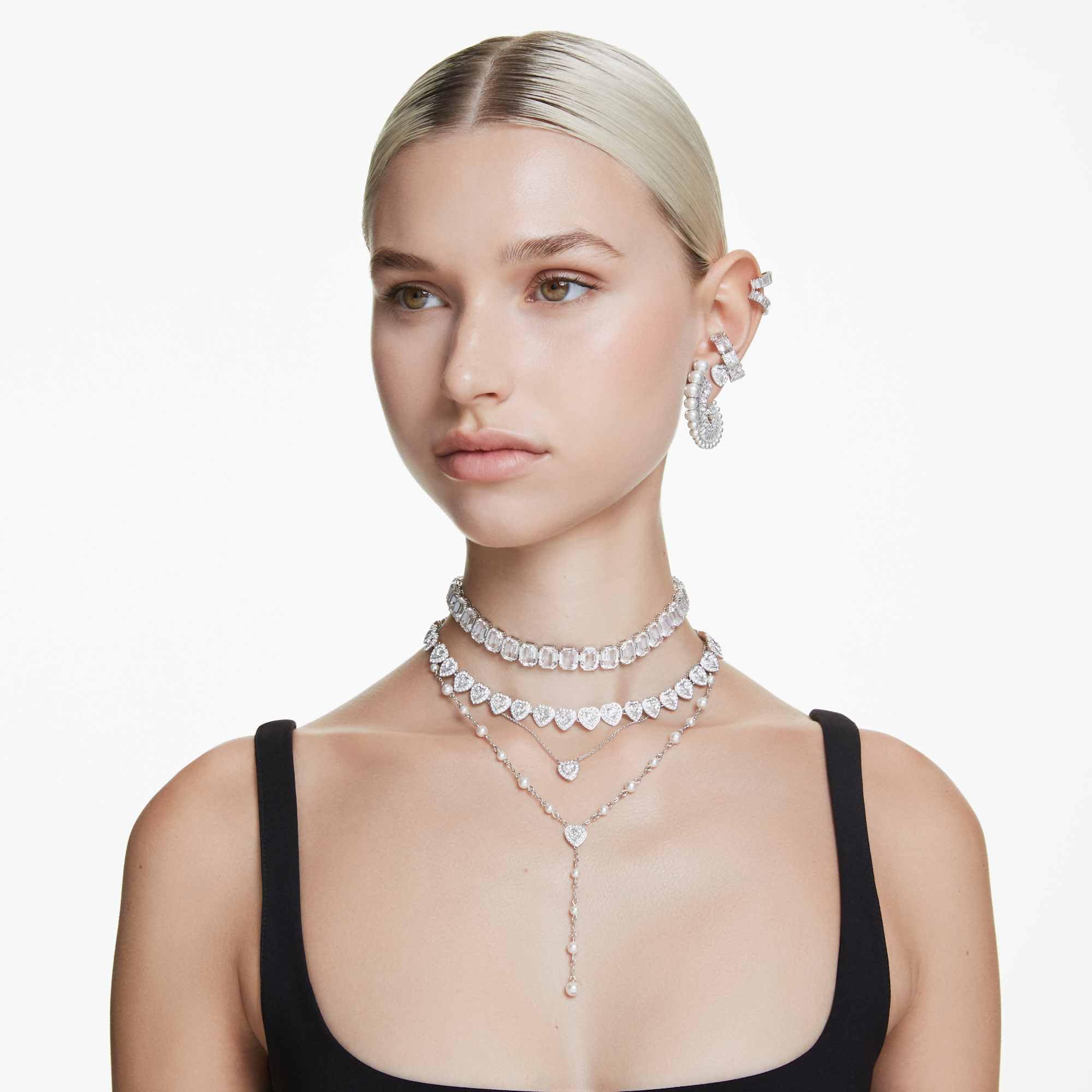 Swarovski Ariana Grande Collection, Clear Crystal & Pearls, Rhodium Finish, Necklaces, Earrings and Bracelets