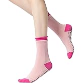 Yoga Pilates Socks with Non-Slip Grips for Women Color-Blocked Cushioned Crew Socks for Barre Ballet Dance
