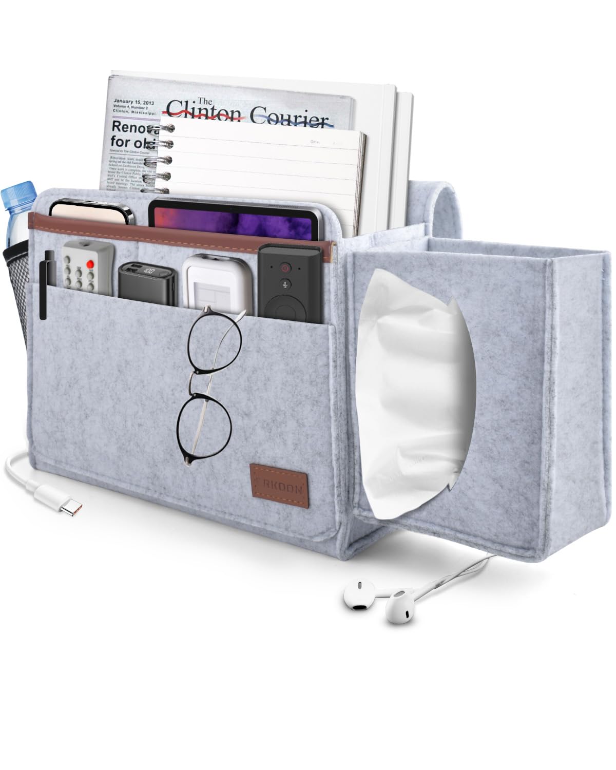 Bedside Storage Pocket, Felt Bedside Caddy Thicker Bed Sofa Bedside Hanging Storage Organizer Bag Holder with Pocket for Books, Tablet, TV Remote Control, Phone, Accessories (Light Gray)