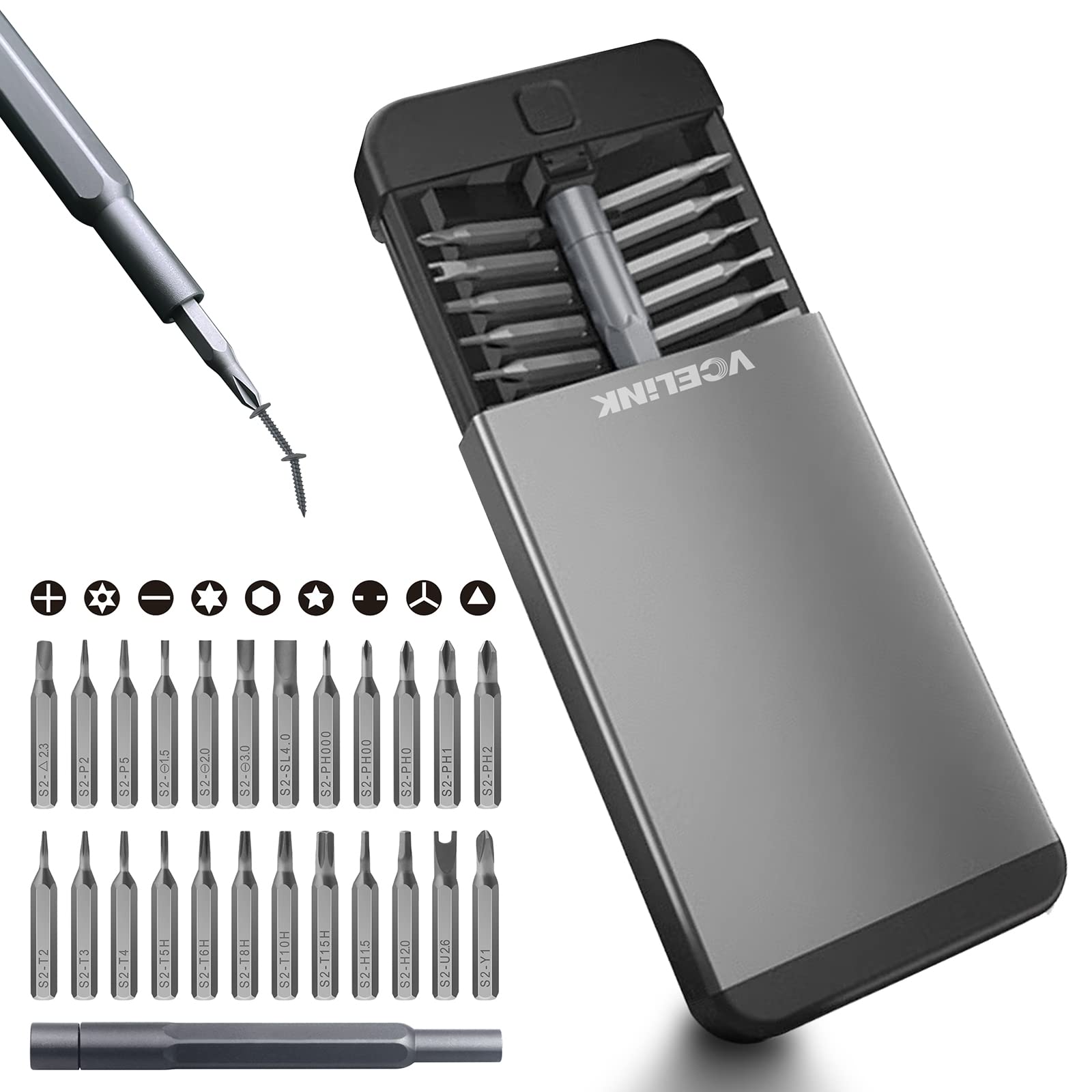 VCELINK Precision Screwdriver Set Small Magnetic with 24 S2 Bits, Mini Torx Screwdriver Kit with Aluminum Handle & Case, Tiny Pocket Electronic Repair Tool for PC, Phone, Laptop, Eyeglasses, Watch
