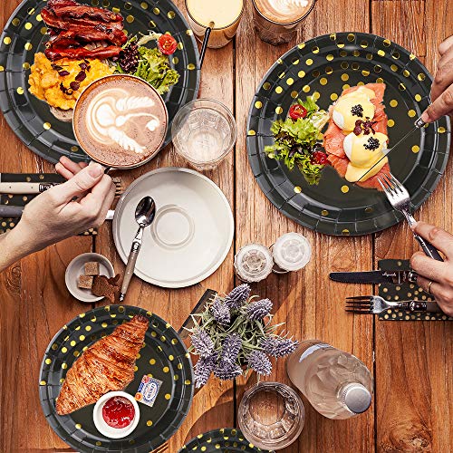 Black and Gold Party Supplies - 200PCS Disposable Black Paper Plates Dinnerware Set Gold Dots 50 Dinner Plates 50 Dessert Plates 50 9oz Cups 50 Napkins Wedding Birthday Party Baby Shower Christmas