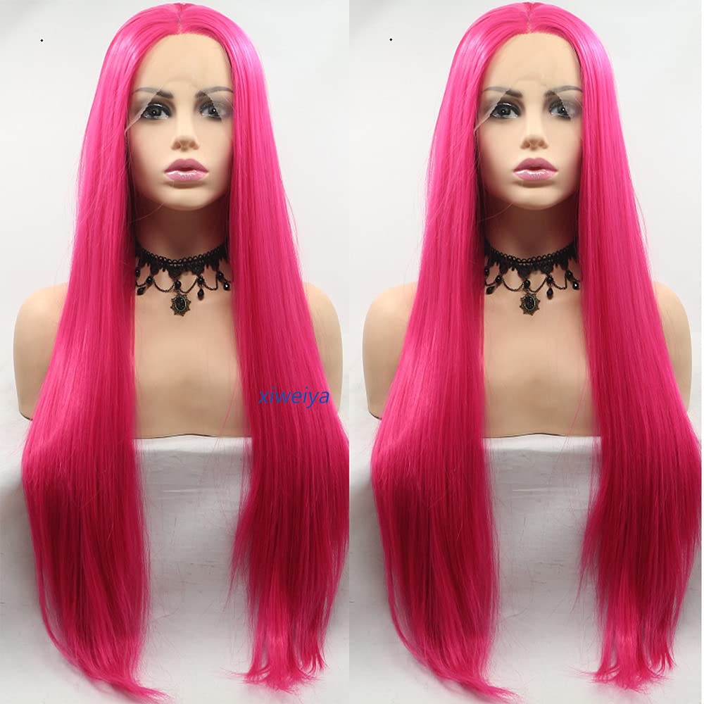 Xiweiya Hot Pink Lace Front Long Silky Straight Wig - Rose Red Synthetic Magenta Hair With 150% Density - 71cm 3x13 Heat Resistant for Women โ image 1