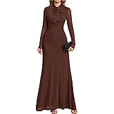 HTZMO Women Fall Long Sleeve Bow Tie Neck Formal Maxi Dresses A Line Flowy Wedding Guest Party Elegant Long Dresses