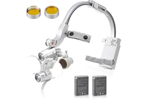 PER4MANCE 3.5X Head-Mounted Dental Loupes with LED Headlamp - Silver, Dual Rechargeable Batteries, and Ergonomic Design for Clear Vision and Comfort