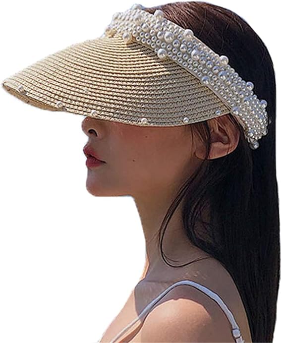 Pearl Sun Hats for Women with Uv Protection Wide Brim Beach Straw Hat Summer Sun Visor Hat Beige