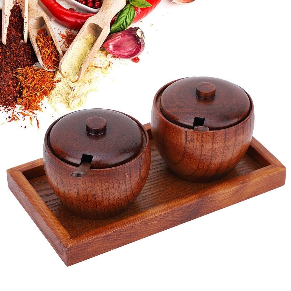 HERCHR Salt and Sugar Container Set, Vintage Wooden Spice Jar Sugar Pot Seasoning Box with Spoon Lid and Tray for Home Kitchen