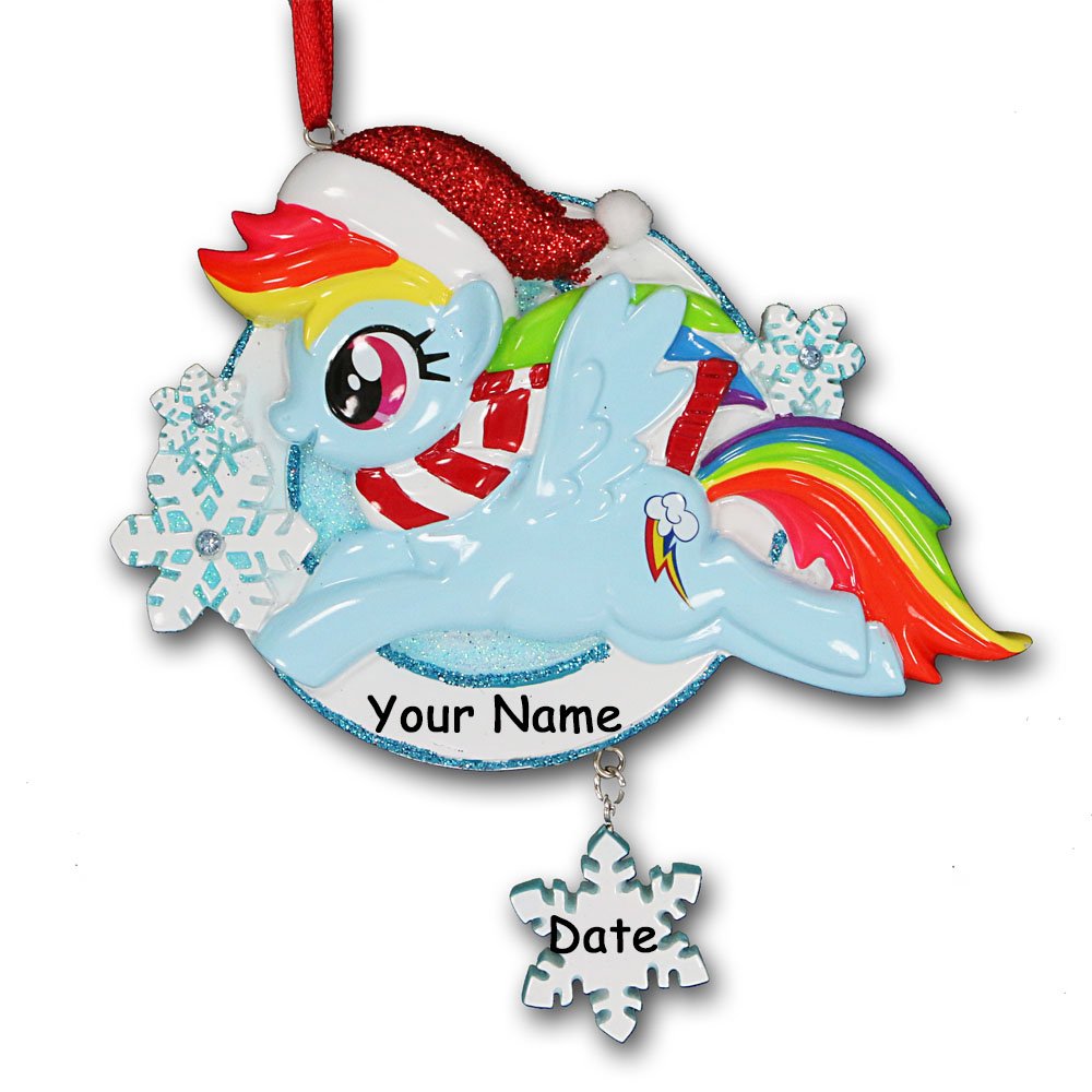 Personalized Officially Licensed My Little Pony Rainbow Dash in Glittered Santa Hat with Winter Scarf and Snowflakes Hanging Christmas Ornament with Your Custom Name and Date (Optional)