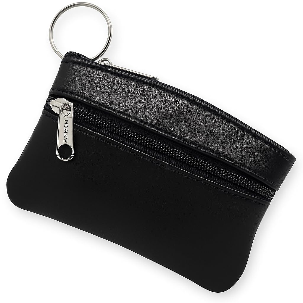 FIONCCI Women's and Men's Genuine Leather Coin Purse Wallet Small Bag Black and 2 Zips – Card Holder Keyring