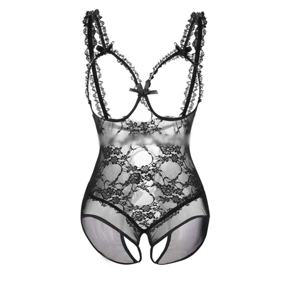 XPuing Women's Sexy Lingerie Lace Open Revealing Breast Perspective Onesies Bodysuit Nightie Backless Dress (Black, 3XL)
