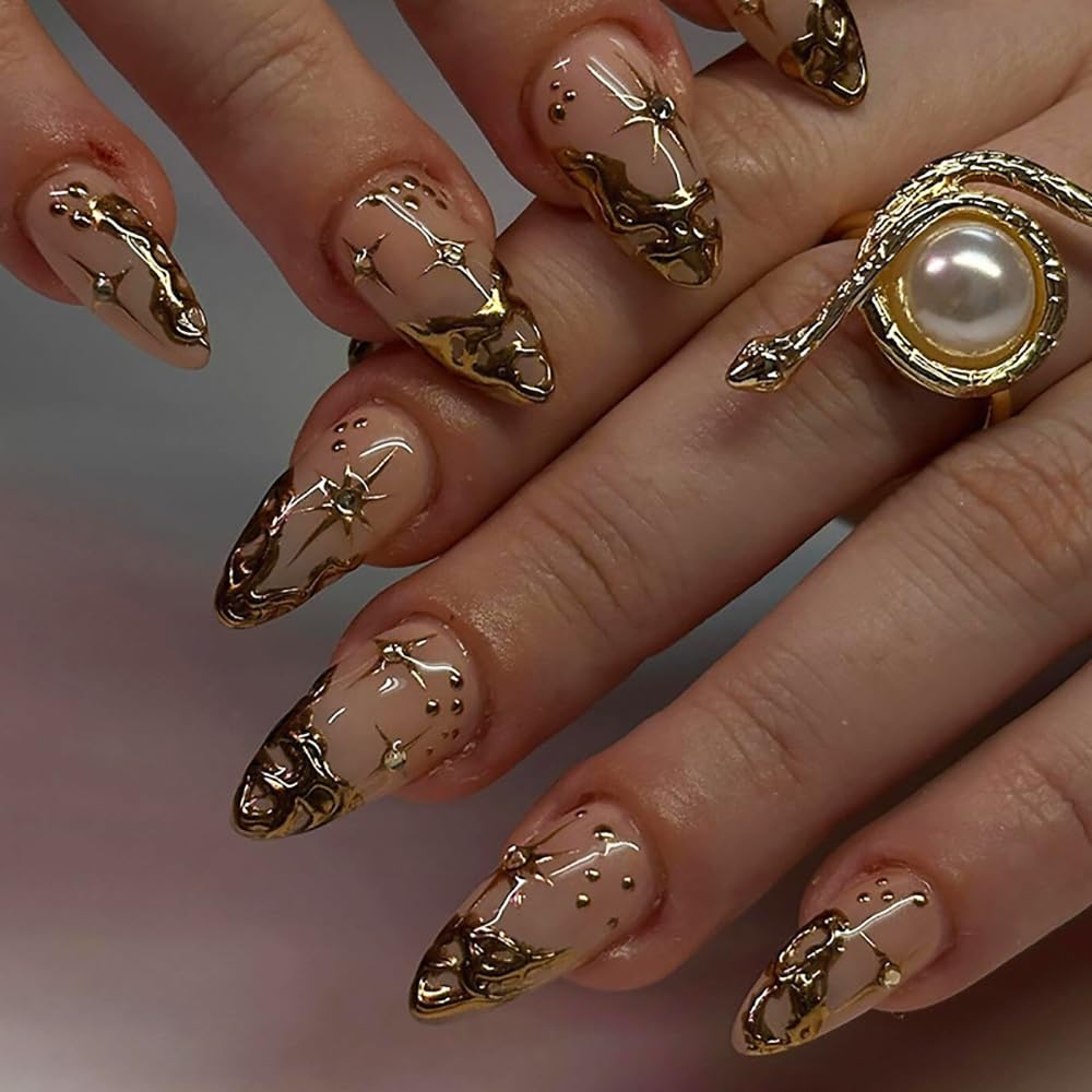 Almond Press On Nails Short Gold Fake Nails with Rhinestone Designs Almond False Nails Press Ons Glossy Glue On Nails Almond French Manicure Full Cover Nail Tips Stick On Nails for Women 24PCS