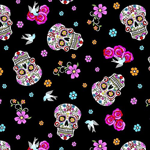 Day of The Dead Black Cotton Fabric by The Yard