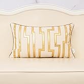 Alerfa Geometric Gold Leather Striped Throw Pillow Cover 12x20 Inch, Luxury Velvet Embroidered Decorative Lumbar Pillow Cover for Couch Living Room Bedroom, White