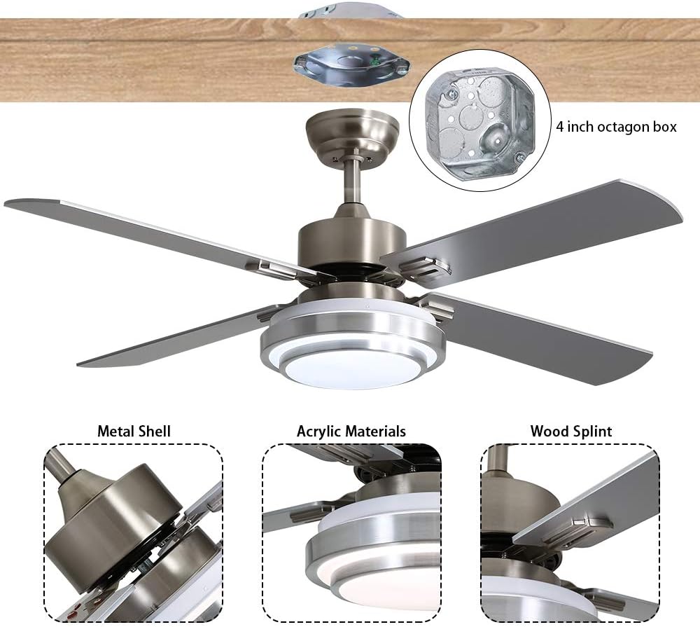 Warmiplanet Ceiling Fan with LED Light and Remote Control, 52 Inch, Brushed Nickel (4-Blades): Kitchen & Dining