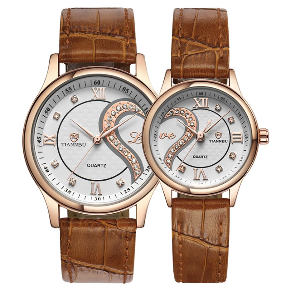 DREAMING Q&P Valentine's Romantic Gold Pair Hearts His and Hers Wrist Watches for Couple Ultrathin Brown Leather Set of 2