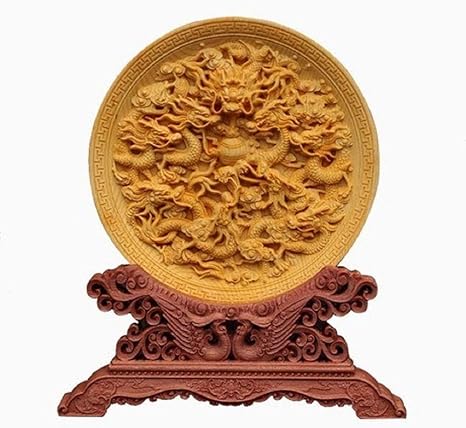 Amazon Hongmoo 九龍 竜生九子 お皿 円盤 木彫り 彫刻 柘植木彫り 仏像 縁起物 祈るスピリチュアル プレゼント 贈り物 ギフト お土産 お守り 置物 風水 飾り 丸型 仏像 オンライン通販
