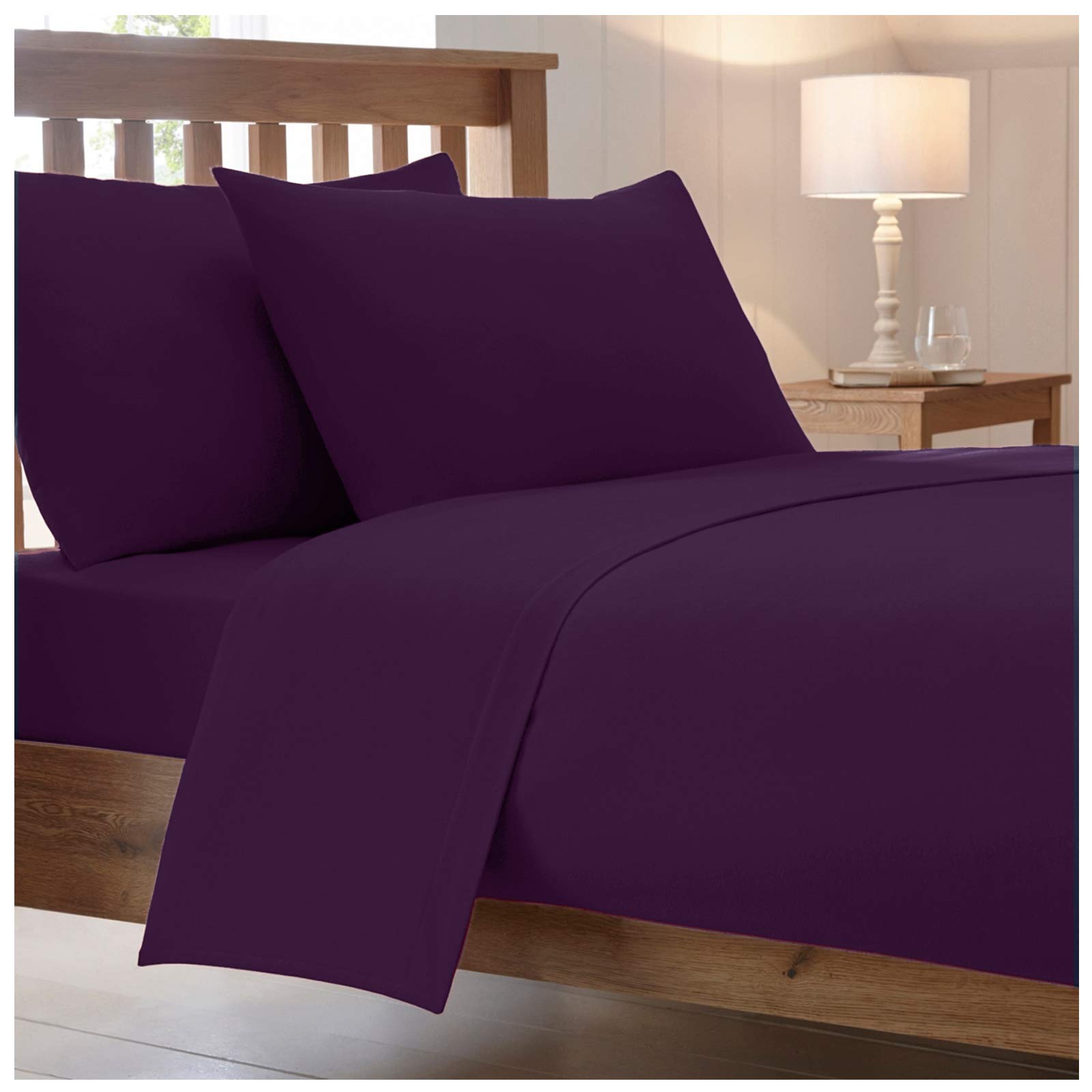 25 Cm / 10” Inch Fitted Bed Sheets Luxury Combed Poly Cotton Non Iron Easy Care Percale Plain Soft Sheet Bedding (Aubergine, Single)