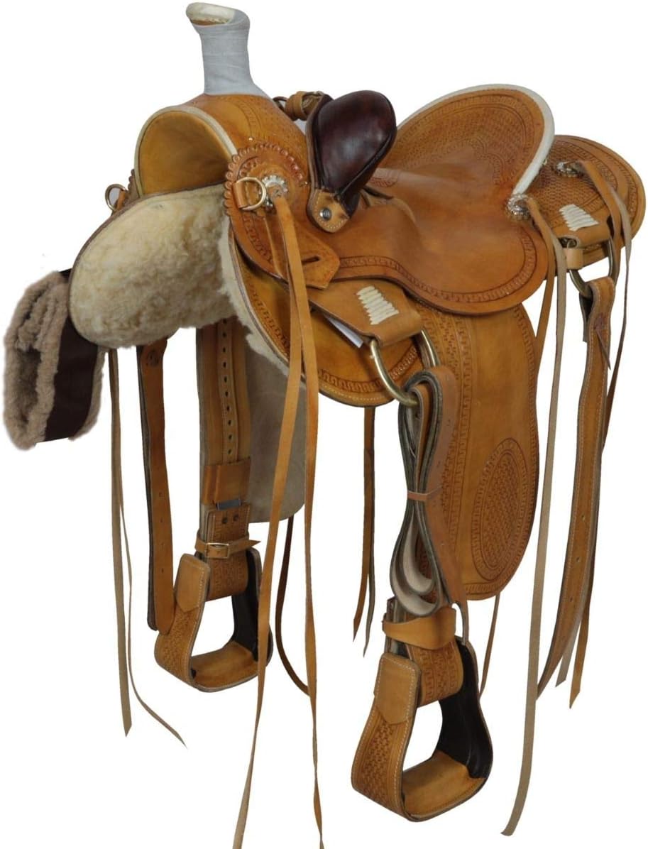 Manaal Enterprises Wade Tree A Fork Premium Western Leather Roping Ranch Work Horse Saddle Tack, Get Leather Headstall, Breast Collar & Reins Size 14" to 18" Inches Seat Available (14.5" Inches Seat)