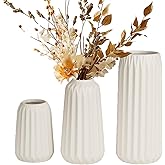 White Ceramic Vases Set of 3 – Modern Ribbed Vase Centerpieces for Pampas Grass, Eucalyptus, Dried or Fresh Flowers, Minimalist Home Decor for Living Room, Bookshelf, Table & Office