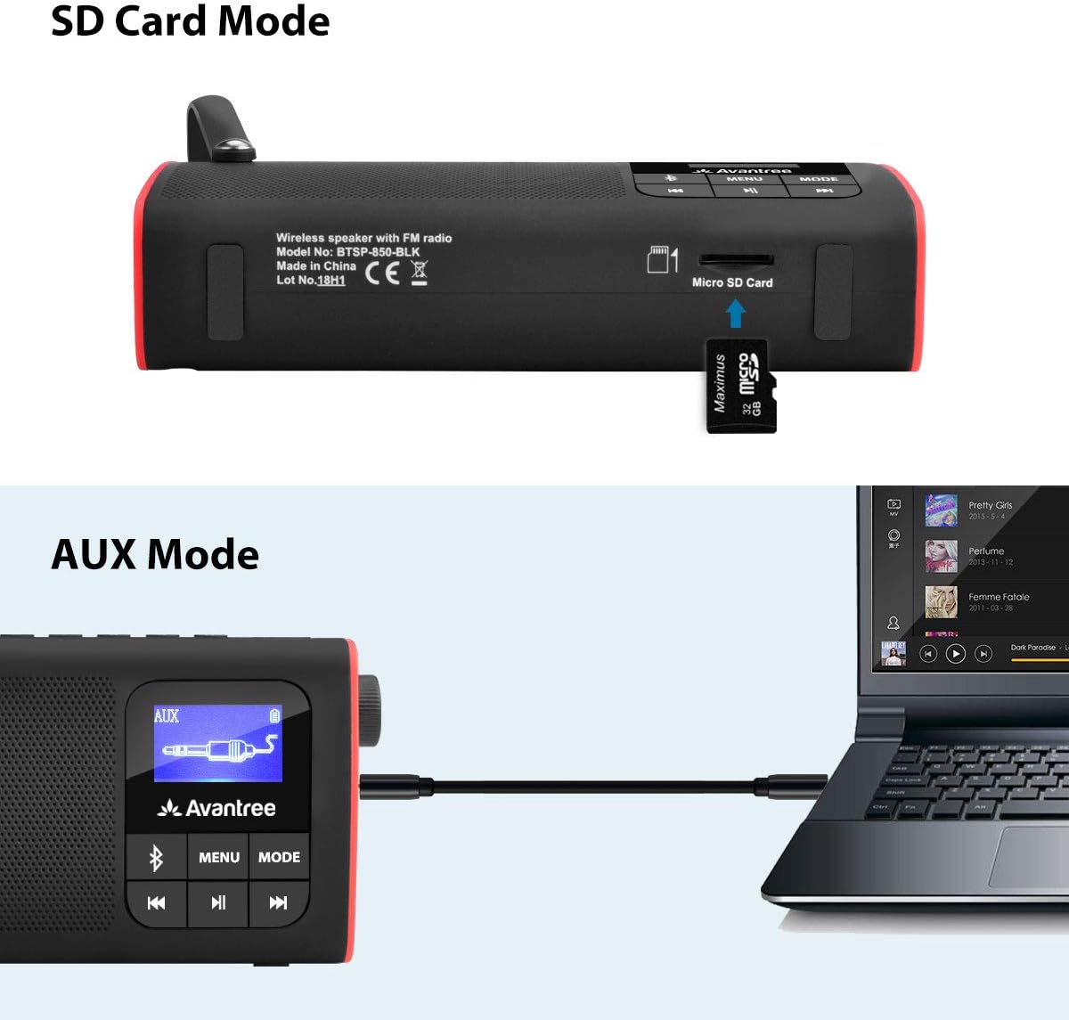 Avantree SP850 Portable FM Radio with Bluetooth Speaker and SD Card Player 3-in-1, MP3 Player with Headphones Socket, Auto Scan Save, LED Display, Rechargeable Battery Transistor Radio (No Am): Electronics