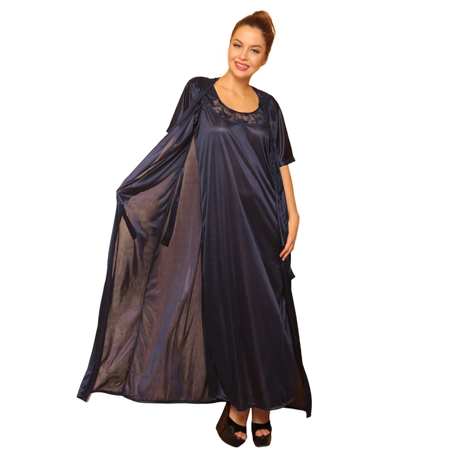 clovia women's 4 pcs satin nightwear in navy - robe, nightie, top, capri