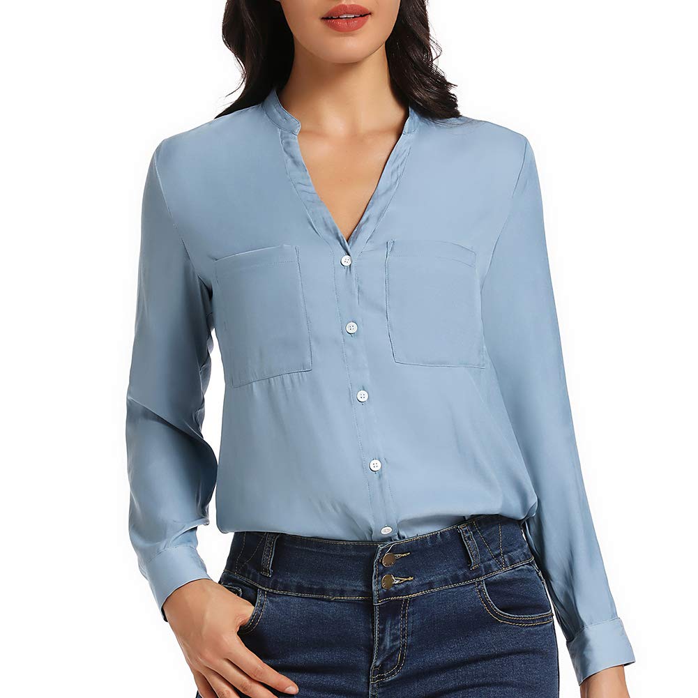 Buy Mlouye Women's V Neck Shirt Cuffed Long Sleeve Blouses Shell Button