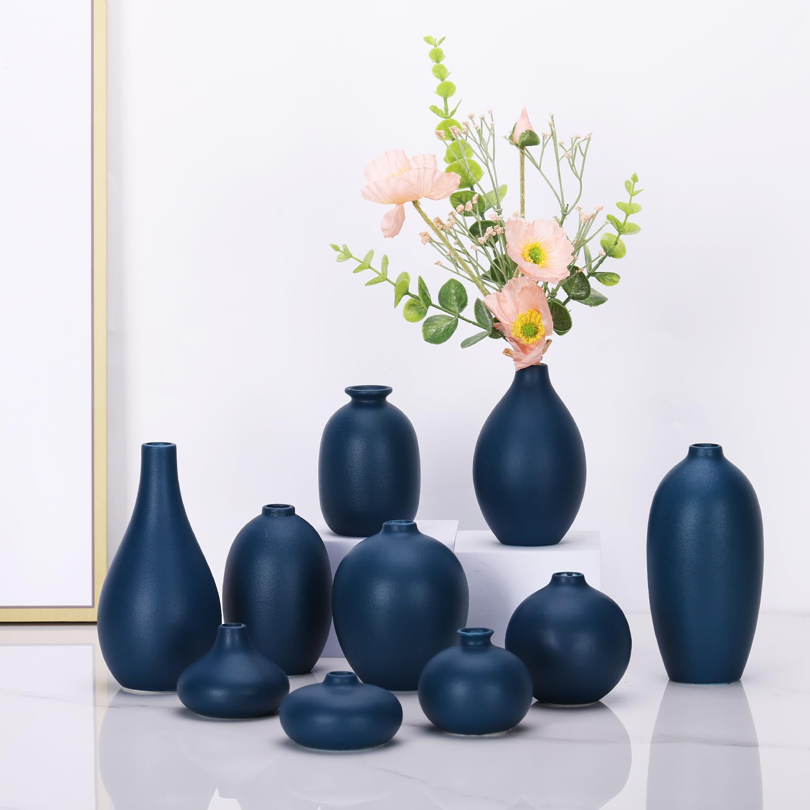 Photo 1 of Ceramic  Vase Set of 10 - Blue mini Bud Vases in Bulk Dining Table Centerpieces, Cute Bulk Small Flower Vase for Pampas Grass&single Flower Decor, Ideal Wedding Window Sill Aesthetic Desk Decor