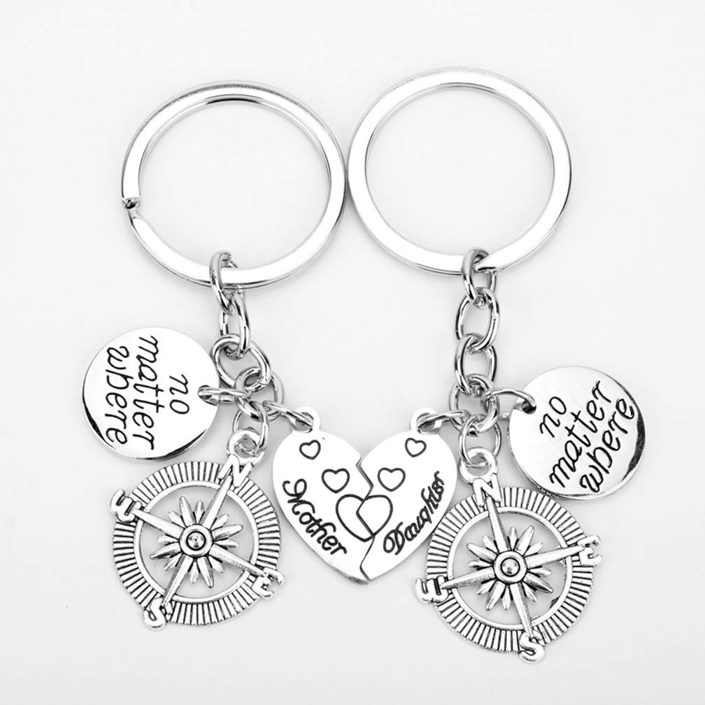 Mom Key Ring Set Daughter Mom Key Chain Set Mothers Day Gift Key Ring Mother Daughter No Matter Where Pendant Keyring for Women Girl Set of 2pcs