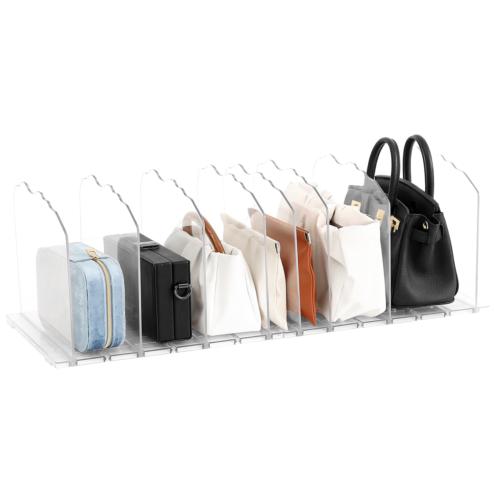 Fangoo 8 PCS Adjustable Handbag Storage Organiser Shelf Dividers for Wardrobe Closets Shelf Separator Purse Organizer Clear Acrylic Shelf for Bedroom Kitchen Cabinet Shelves