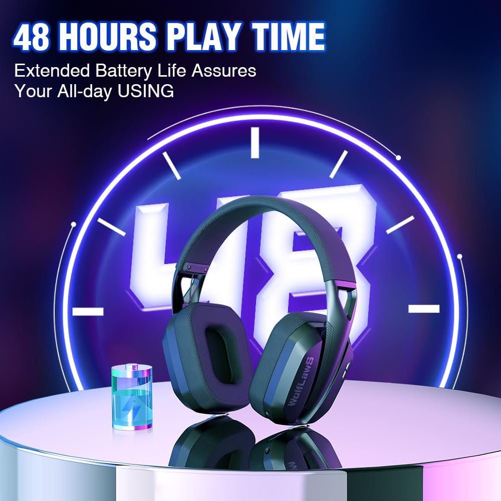 Wireless Gaming Headset for PC, PS5, PS4, Mac, Switch, Bluetooth Over-Ear Headphones with Detachable and Built-in Mics, Low Latency, Lightweight, 48H Battery, Noise Isolation - Black