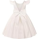 Uhnice Flower Girl Satin Dress with Pearls Flutter Sleeves V Back Gown with Removable Bow for Wedding Birthday Party
