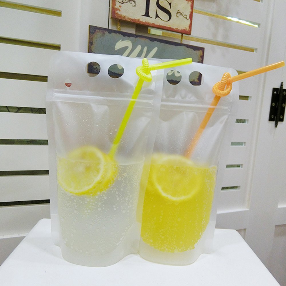 Beverage Pouch with Plastic Straw 50 Set per Pack Hand-held Clear Frosted Reclosable Zipper Stand Up Juice Drink Bag
