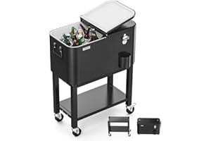VINGLI Patio Cooler, Rolling Ice Chest on Wheels, Portable Patio Party Bar Drink Cooler Cart, with Shelf, Beverage Pool with Bottle Opener,Water Pipe