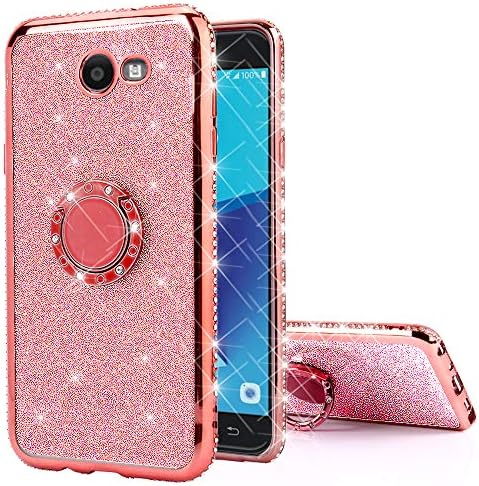 Galaxy J7 Prime 2017 Case, Galaxy J7 Perx, Galaxy J7 Sky Pro, Galaxy J7 V, J7 2017, Bling Diamond Rhinestone Glitter Sparkle Luxury Soft Slim Phone Case with Crystal Ring Holder Stand - Rose Gold