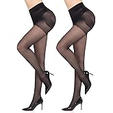 MANZI 2 Pairs Women's Sheer Tights 40D High Waist Control Top Pantyhose Thigh High Stockings with Reinforced Toes