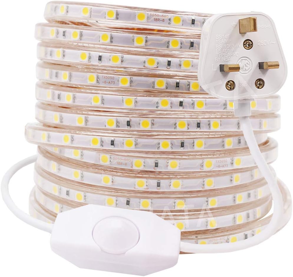 GQL 2m Dimmable LED Strip Mains Powered, Warm White SMD 5050 60leds/m IP65 Waterproof Commercial Rope Light with UK Plug