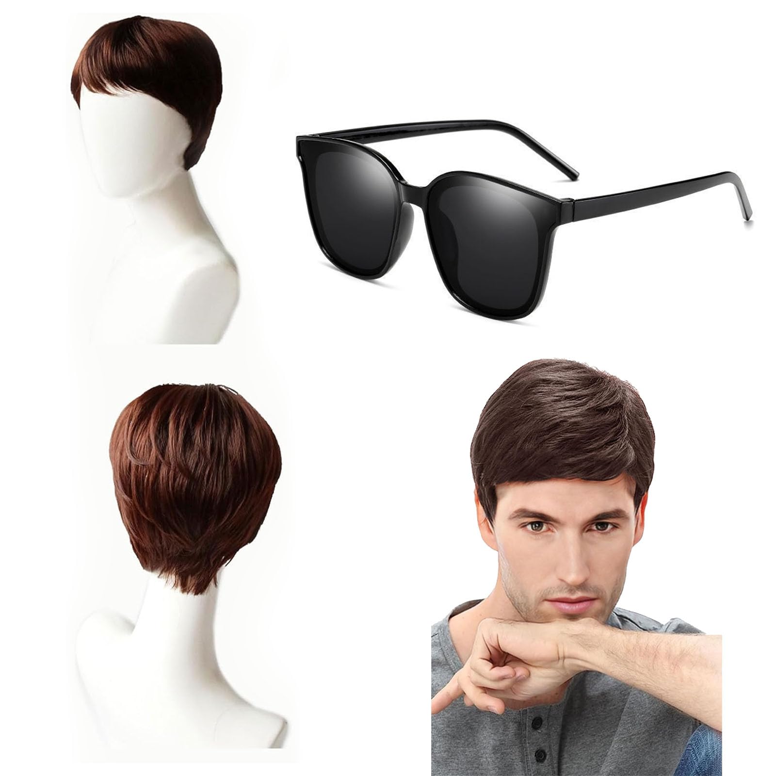AWAVM Short Brown Mens Wig, Mens Wigs for Daily Use, Costume Wigs for Men, Mens Wig for Adult with Sunglasses