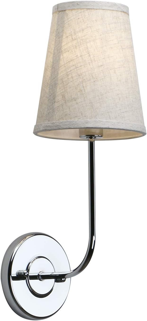 Permo Single Classic Rustic Industrial Wall Sconce Light Fixture with Flared Funnel Linen Fabric Shade Nightstand Lamps for Bedrooms Bedside Reading (Chrome)