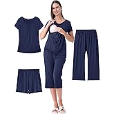 Shangood 3 Piece Nursing Pajamas Set for Women Breastfeeding Shirts Pjs Postpartum Shorts&Capri Pants Pockets