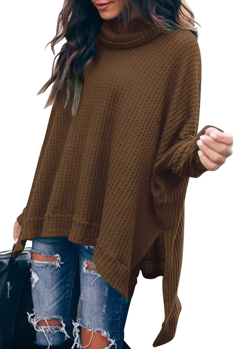 ANRABESS Women Turtleneck Batwing Sleeve High Low Hem Side Slit Waffle Knit Casual Loose Oversized Sweater Tunic at  Women’s Clothing store
