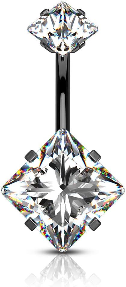 14GA Stainless Steel Internally Threaded Double Square CZ Crystal Prong Set Belly Button Ring