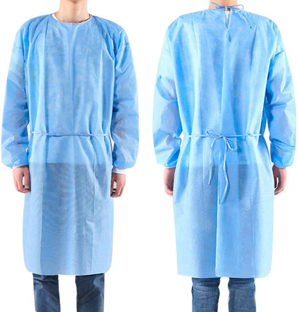 Isolation Gowns,Pack of 10 Adult Disposable Gowns.Blue Protective Gowns with Long Sleeves, Neck and Waist Ties. Non-sterile Examination Gowns.Blue Disposable Lab Coat