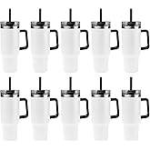 Gifts by Design 10 Ct of 40 Oz Intrepid Stainless Steel Tumbler with Lid, Straw & Handle – White – Customizable Insulated Cups for Water, Coffee, Hot & Iced Drinks – Great for DIY, Events, Work