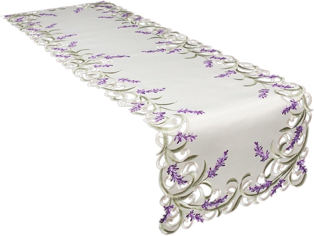 Xia Home Fashions XD17107 Lavender Lace Embroidered Cutwork Table Runner, 15 by 53-Inch, Ivory