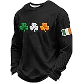 Vintage Ireland Irish Flag St Patrick's Day Waffle Tshirt Men Shamrock Graphic Pullover Top Long Sleeve Clover Shirt