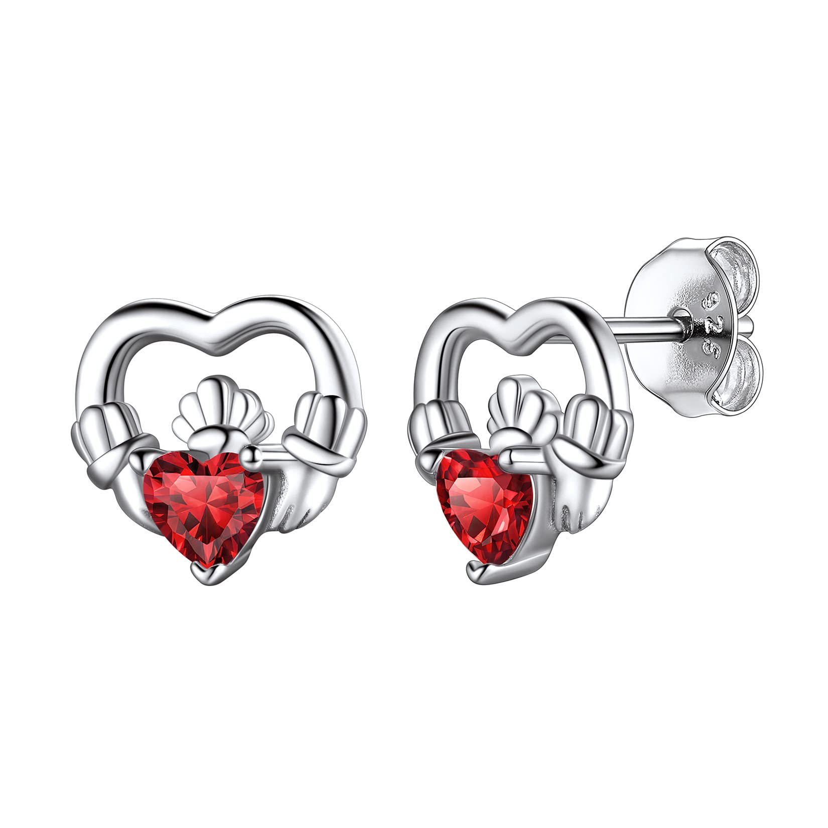 Hypoallergenic 925 Sterling Silver Claddagh Celtic Knot January Birthstone Red Earrings, Birth Stone Jewelry Dainty Cute Stud Heart Shaped Hoop Earrings for Women Teen Girls