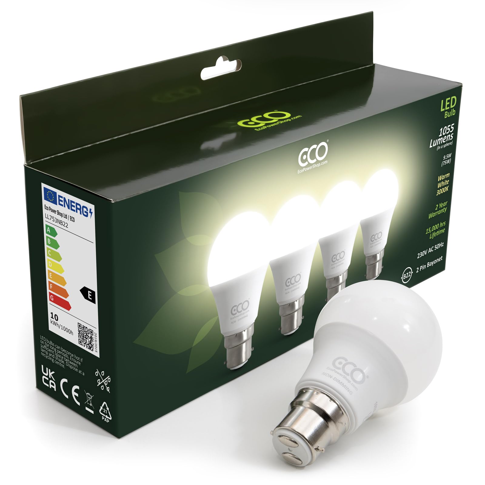 ECO 2 pin B22 Bayonet Light Bulbs, Energy Saving 9.5W LED, 1055 Lumens, 75W Equivalent, Soft Warm White (3000K), Low Heat, 15,000Hrs Lifetime. (Warm White 3000K, 4 x Bulb Multipack)