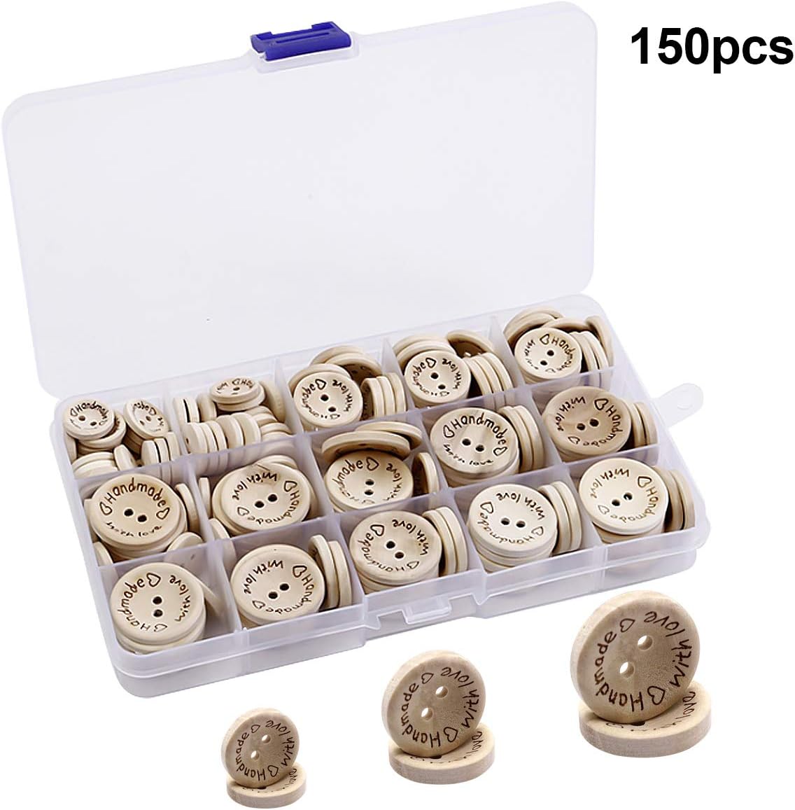150pcs Wooden Buttons, Handmade with Love Buttons for Crafts, 2 Holes Round Wood Button with Storage Box for DIY Knitting Sewing Clothes 15mm 20mm 25mm, Natural Color