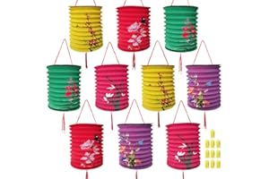 AIMINJEY 10 PCS Chinese Japanese Paper Lanterns with LED Lights, 6.3inch Hanging Paper Lantern Decoration 6.3 in Hanging Lanterns for Asian Birthday Hibachi Wedding Baby Shower Party Lunar New Year Decor